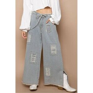 POL Striped Wide-Leg Distressed Jeans in Light Blue